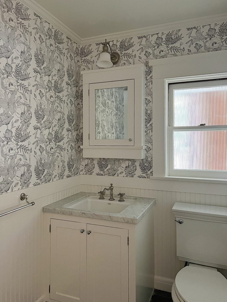 One Day Bathroom Remodel with Black and White Wallpaper 3