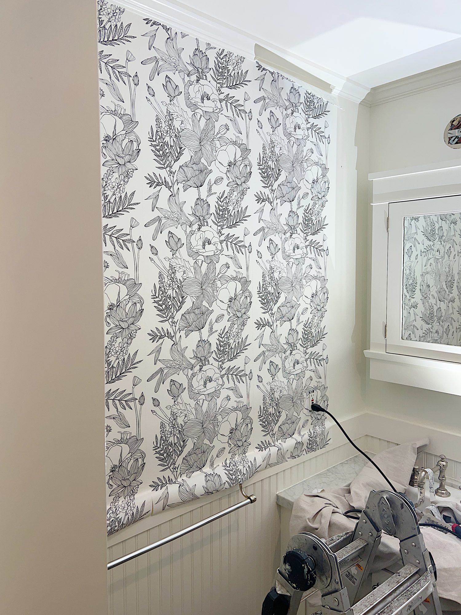 One Day Bathroom Remodel with Black and White Wallpaper 3