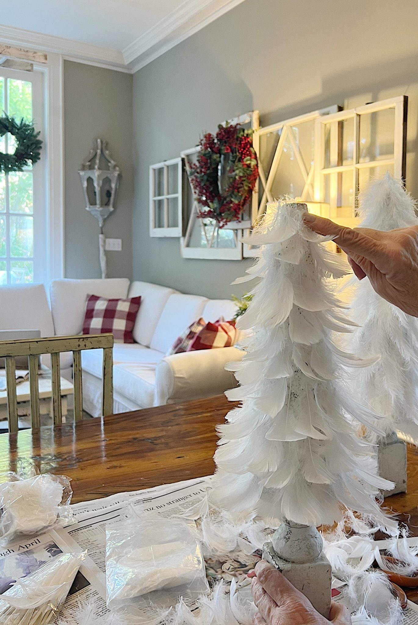 DIY White Christmas Tree with Feathers