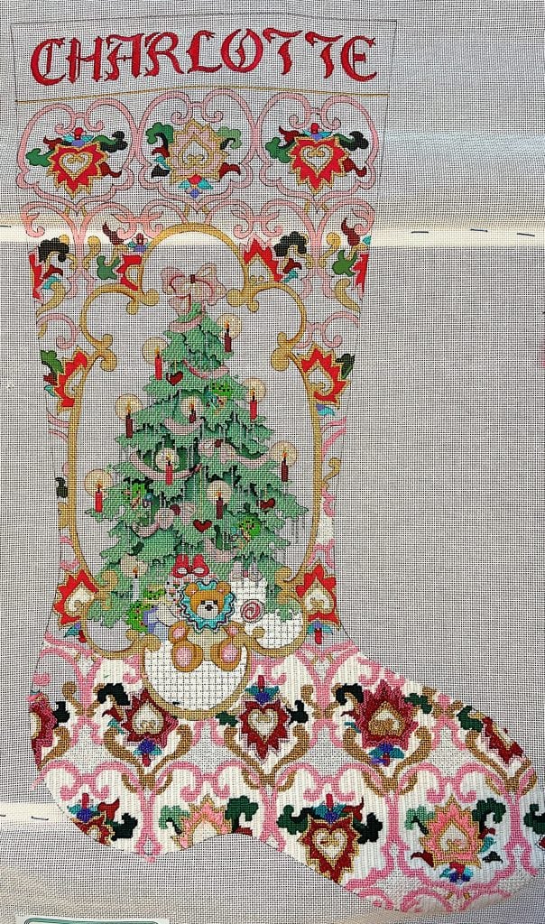 Hand needlepoint stocking with name Charlotte