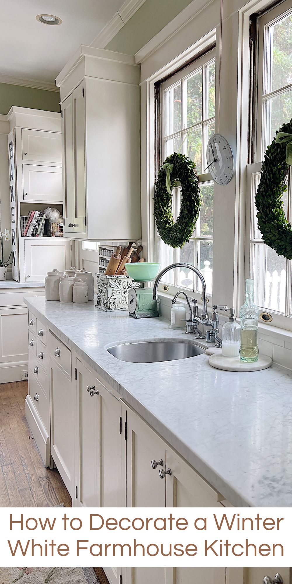 Our kitchen looked so bare when I took down the holiday decor. So I grabbed some wreaths and love my new winter white farmhouse kitchen.