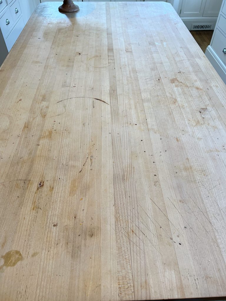 butcher blog island after 23 years and very little conditioning with marks, stains, and burns