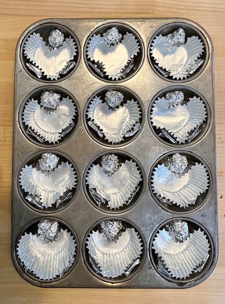 muffin tin transformed to a heart muffin tin with foil