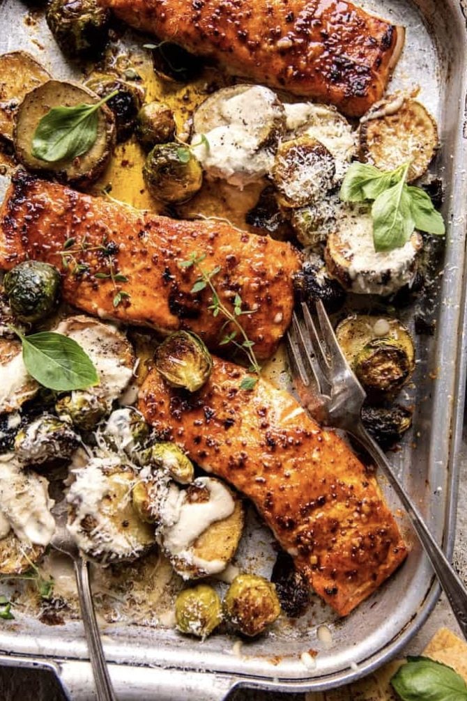 Sheet pan with honey mustard roasted salmon and cesaer potatoes
