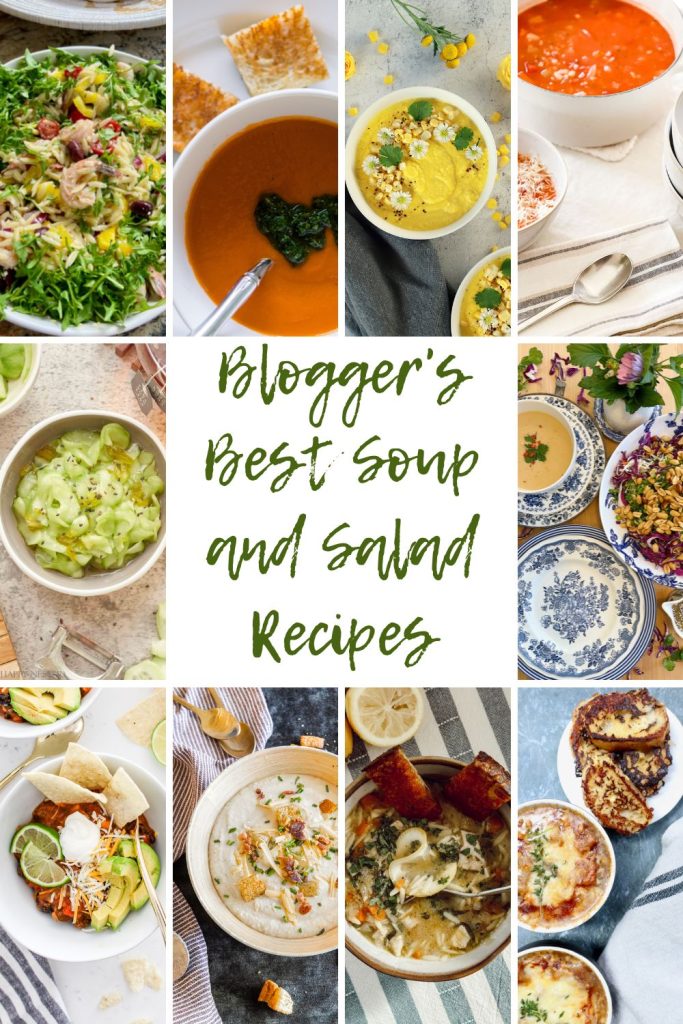 Ten different photos of soup and salad recipes.