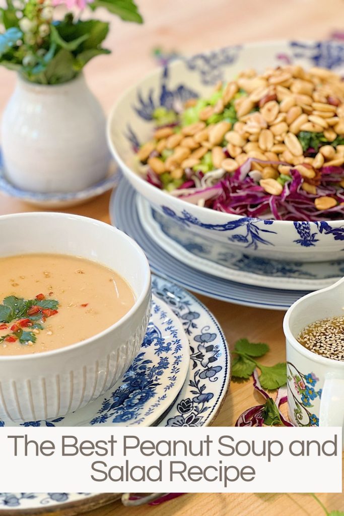 A peanut soup in a blue and white bowl and a peanut crunchy peanut coleslaw with a vinaigrette dressing.