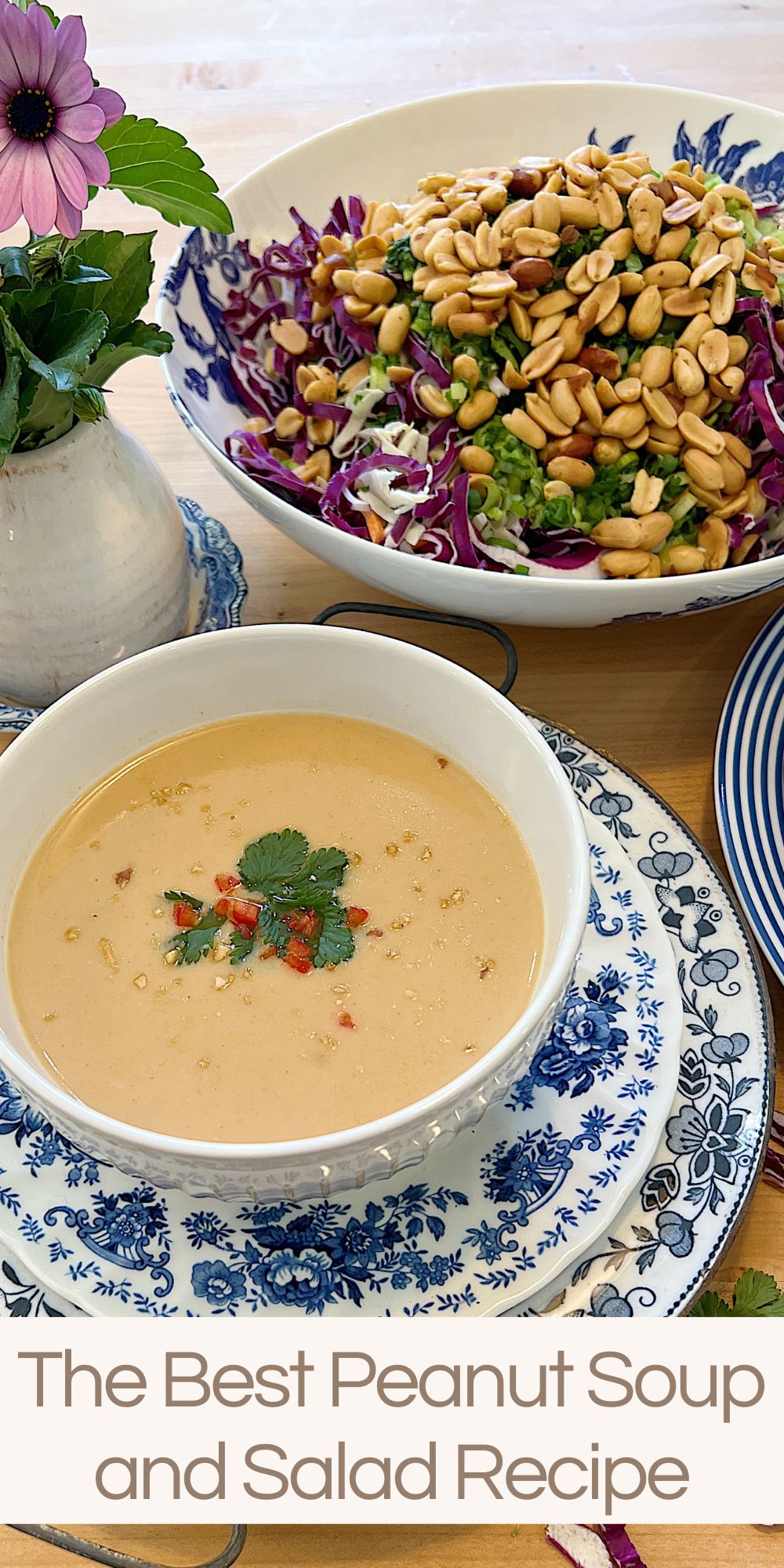 This is the perfect time of year for soup and salad. Today I am sharing recipes for a crunchy coleslaw salad paired with a warm peanut soup. 