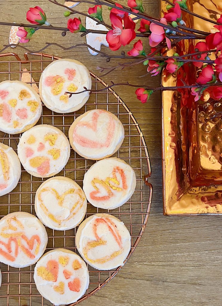 Valentine Cookies Decorated with Edible Luster Dust on a copper plate
