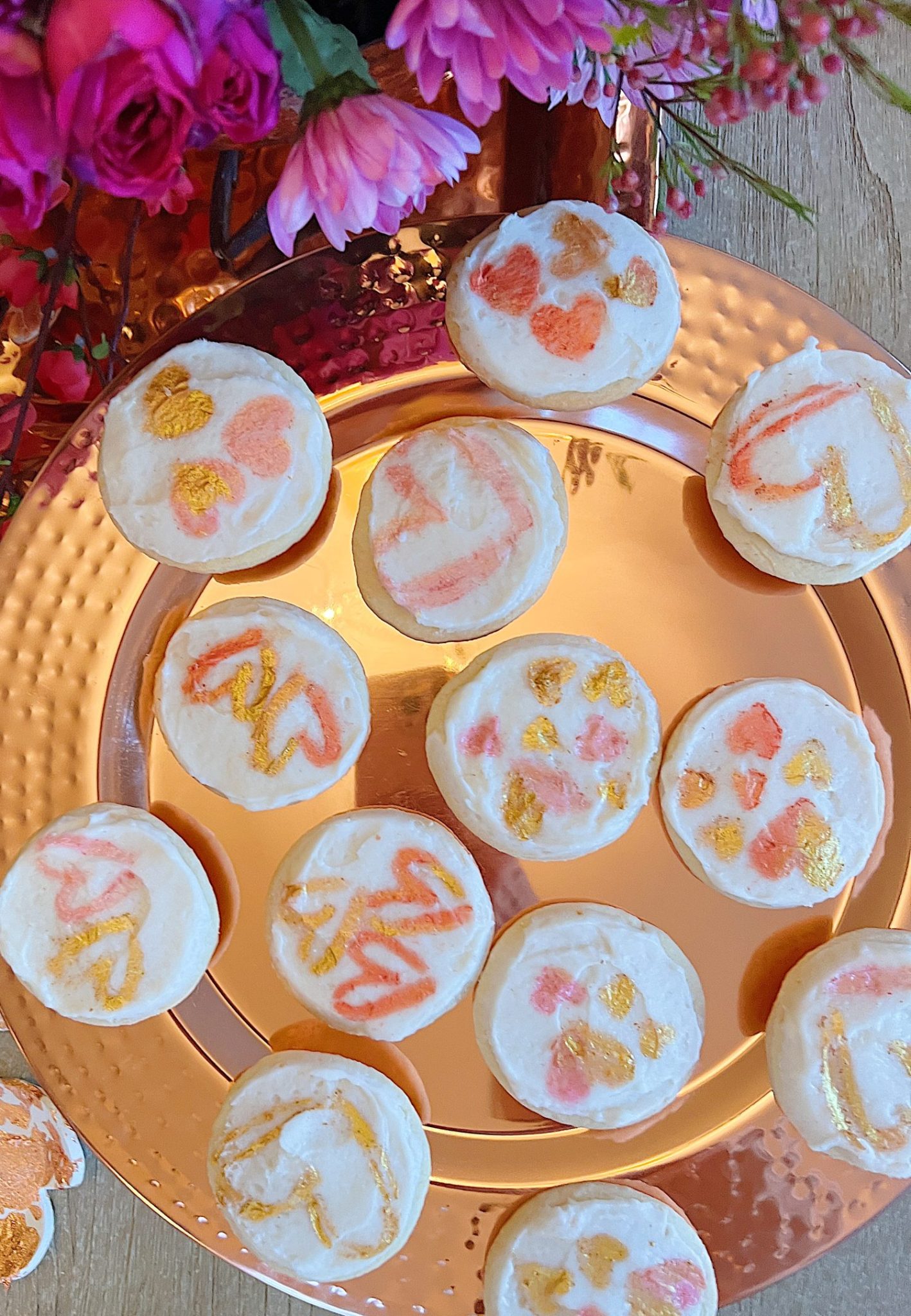 Valentine Cookies Decorated with Edible Luster Dust on a copper plate
