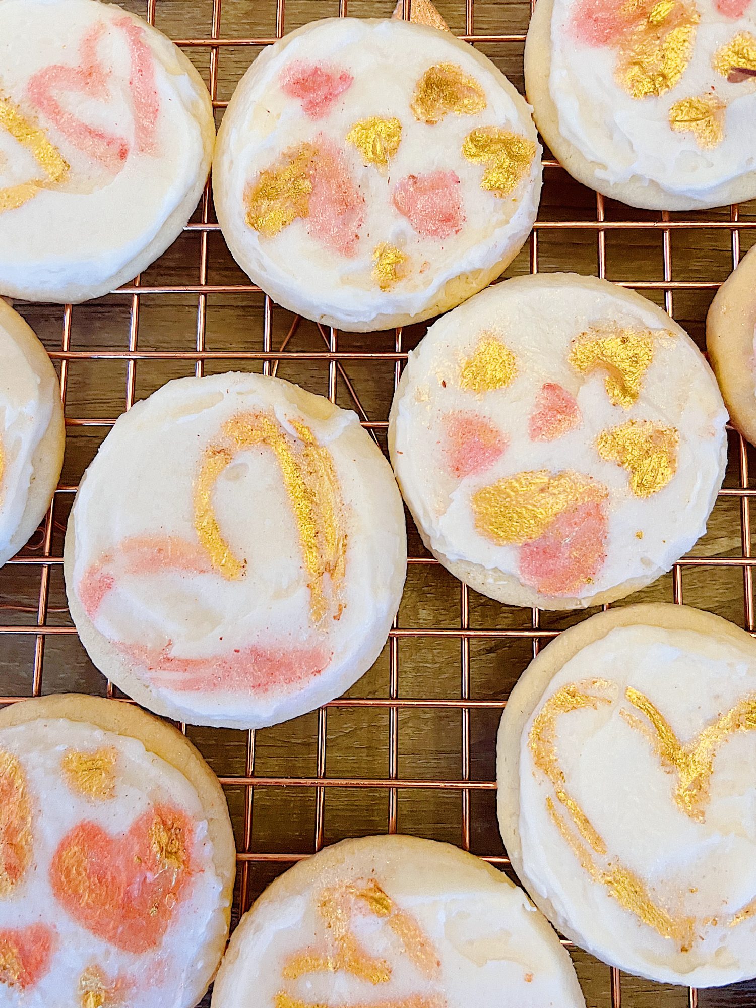 Valentine Cookies Decorated with Edible Luster Dust on a copper plate