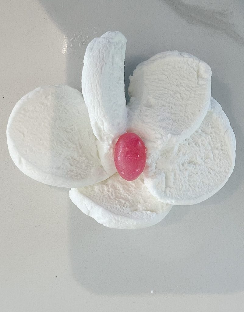 Marshmallow flower with pink jully bean center