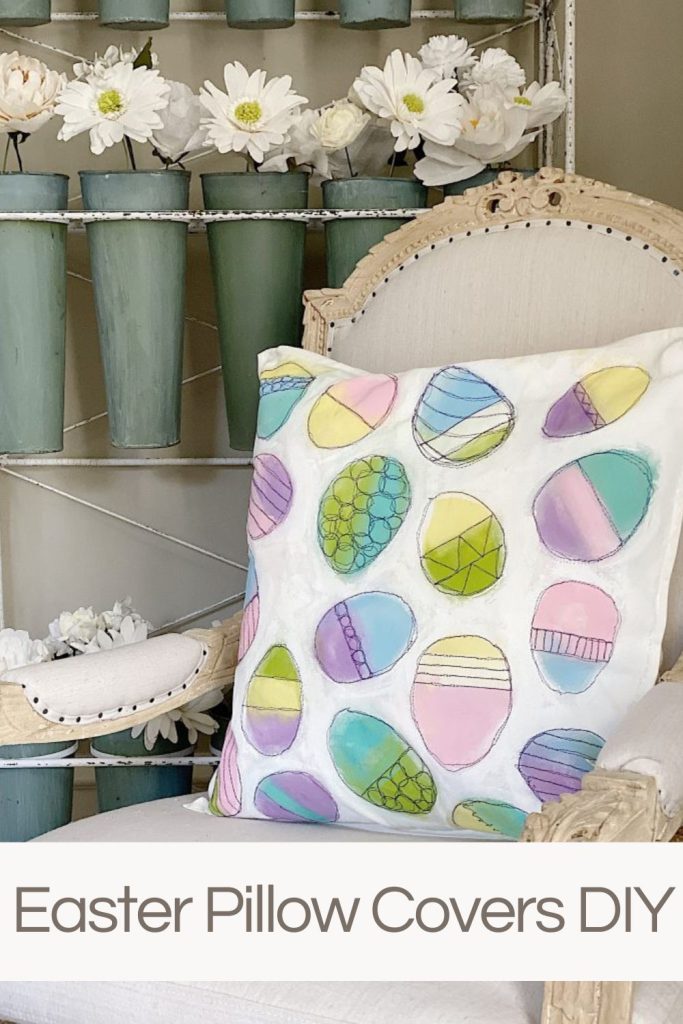 Easter pillow with painted colorful pastel eggs sitting on an outdoor chair.