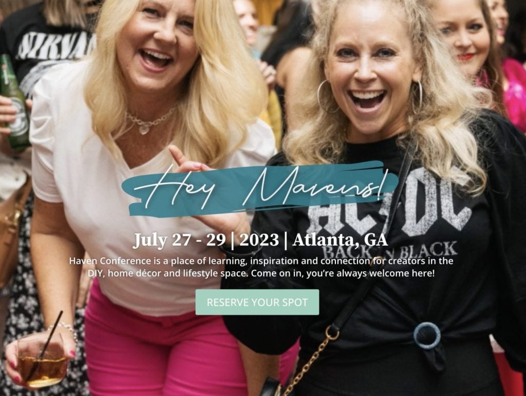 A group of women with big smiles with information about a creator event and sign up button