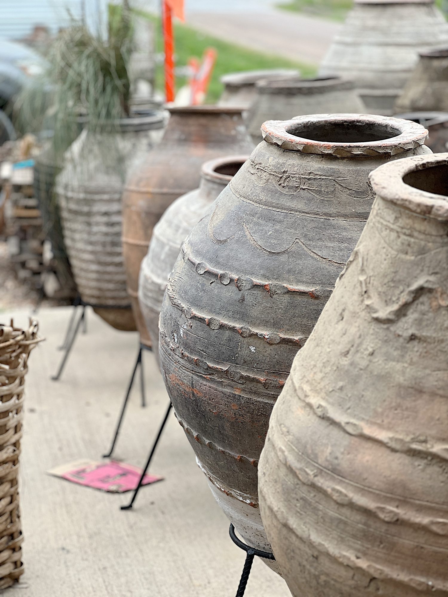 Large vintage ceramic pots for sale at the Round Top Antique Fair