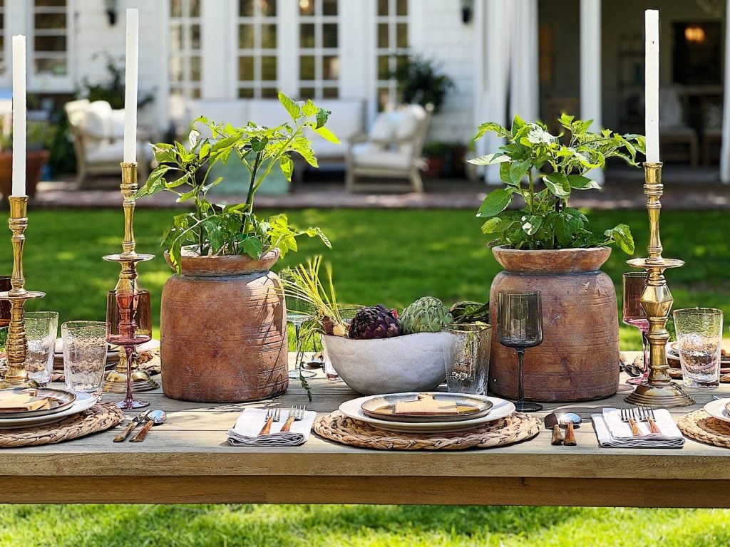 Earth Day dinner with Arhaus table, chairs, plates, colored glassware, salmon salad, copper silverware, and large stoneware vases with live tomato plants.