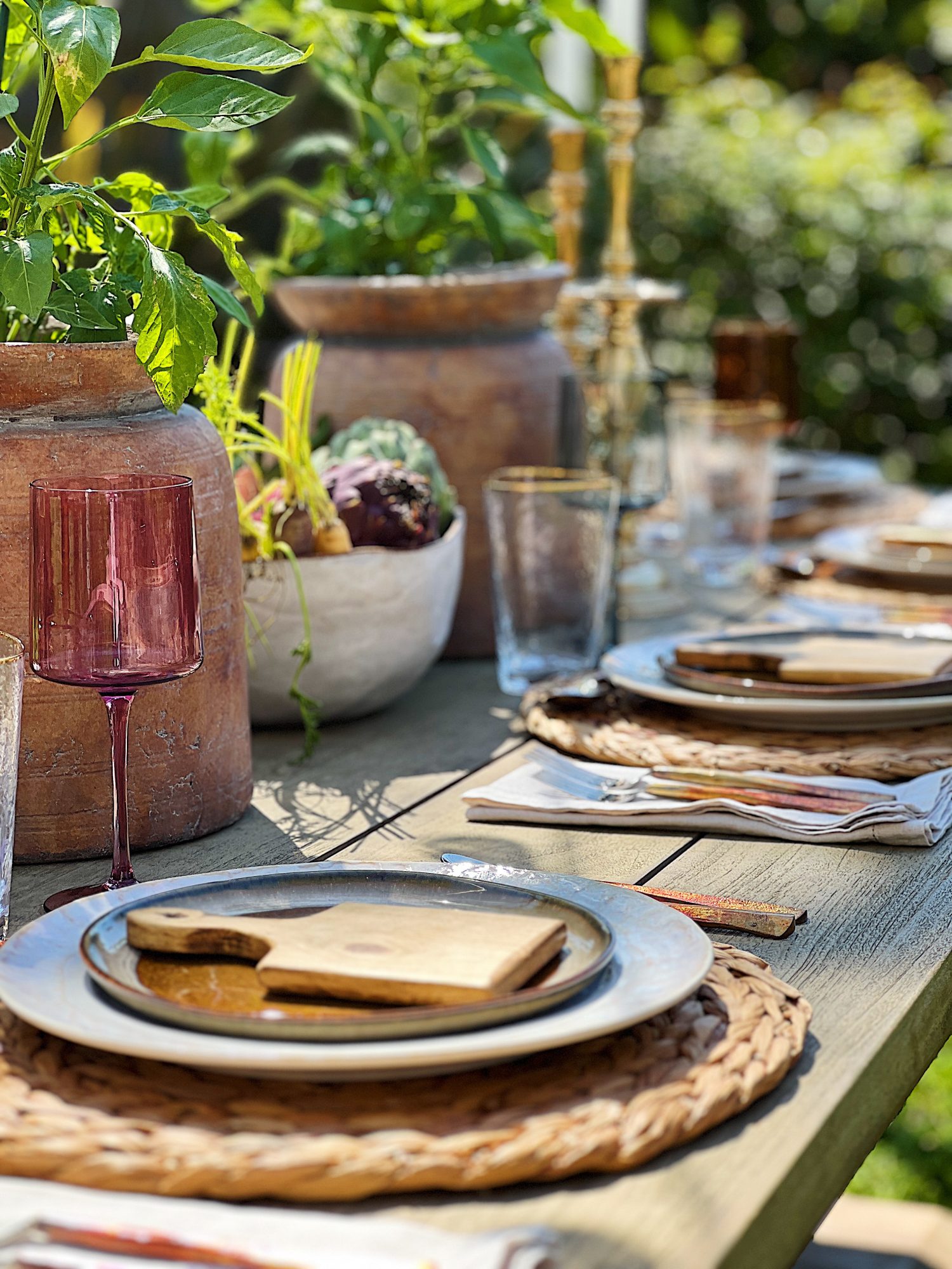 Earth Day dinner with Arhaus table, chairs, plates, colored glassware, salmon salad, copper silverware, and large stoneware vases with live tomato plants.