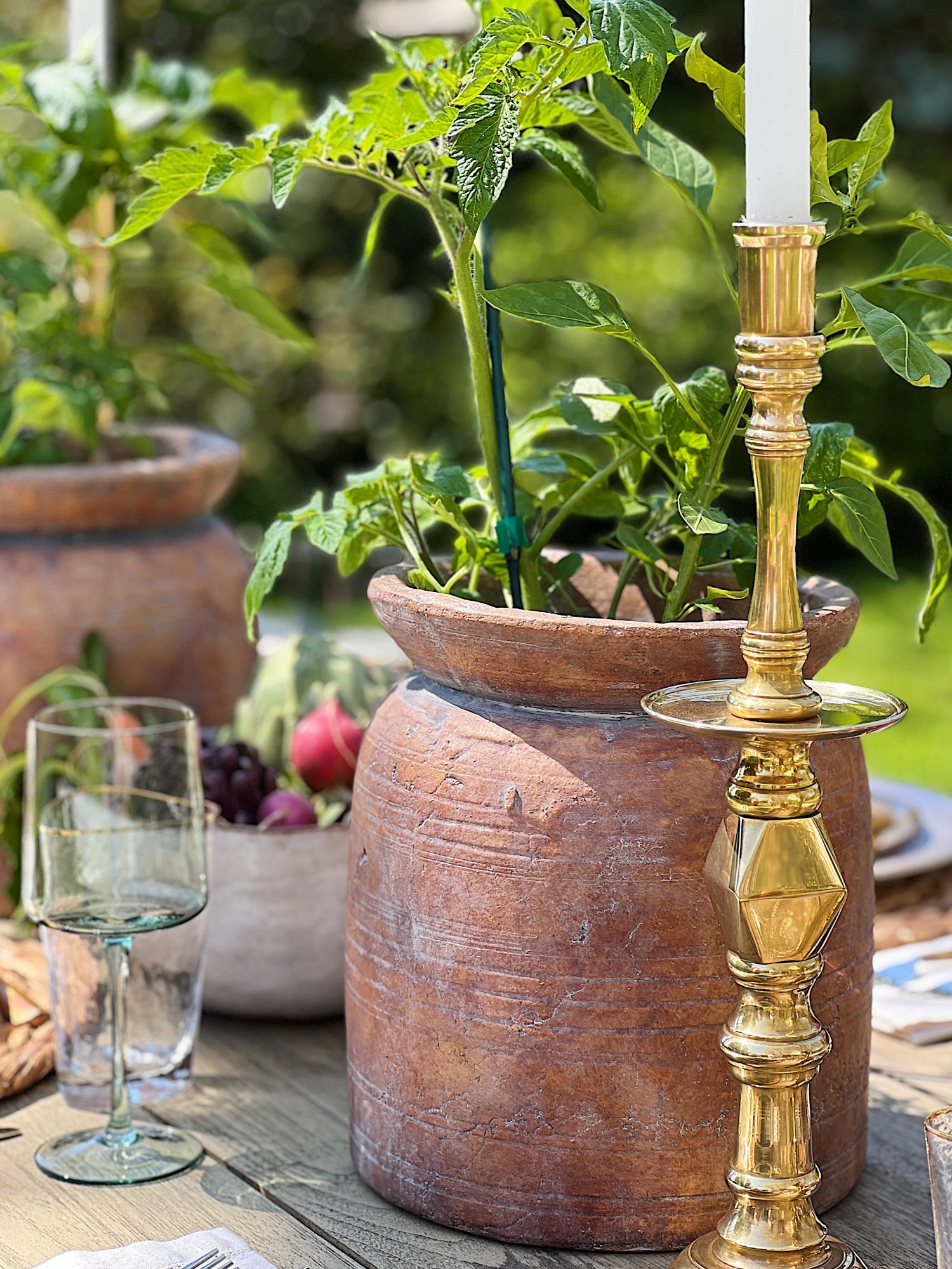 Earth Day dinner with Arhaus table, chairs, plates, colored glassware, salmon salad, copper silverware, and large stoneware vases with live tomato plants.