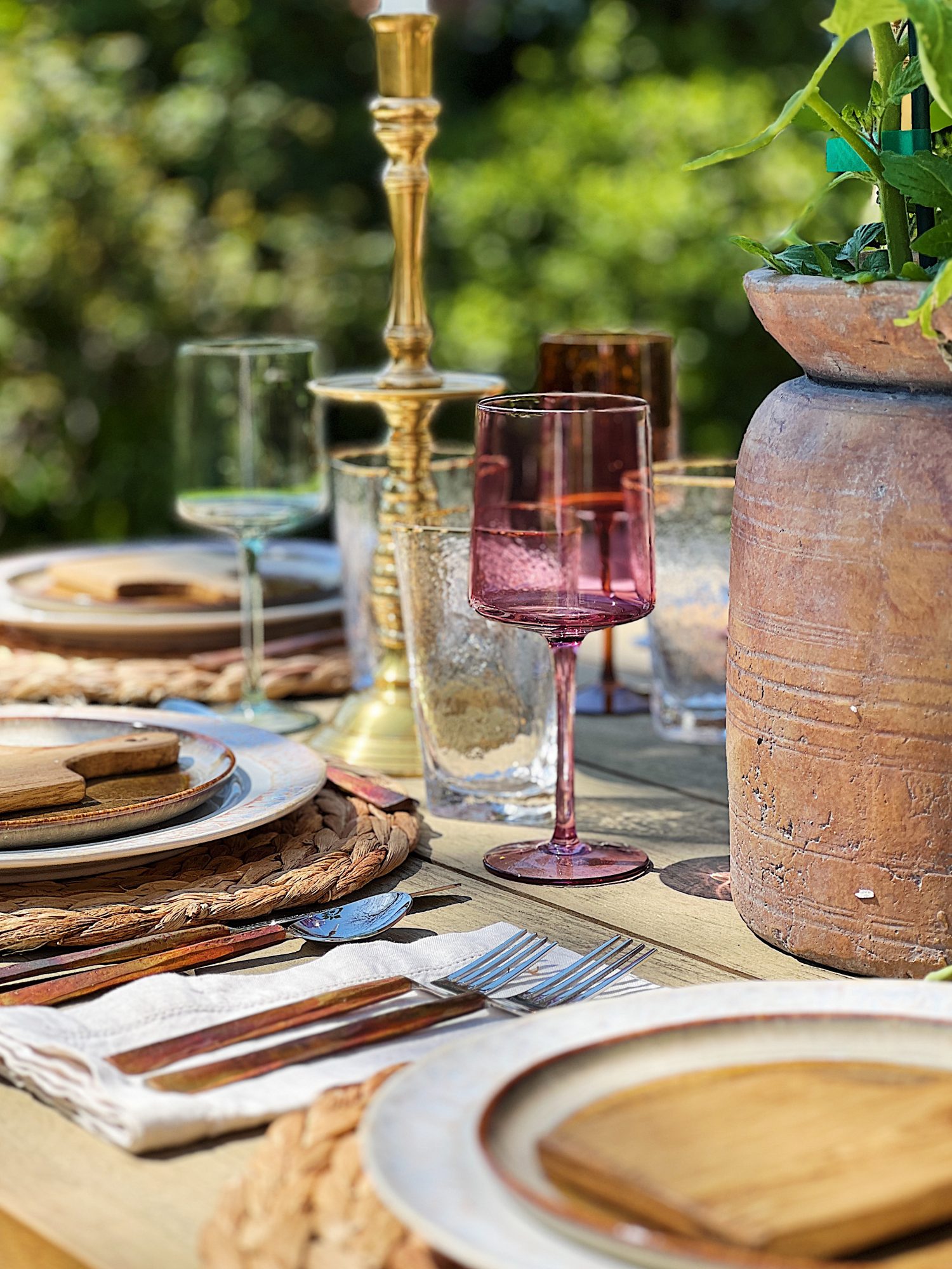 Earth Day dinner with Arhaus table, chairs, plates, colored glassware, salmon salad, copper silverware, and large stoneware vases with live tomato plants.