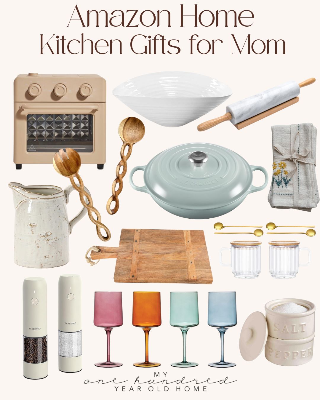 A collage of kitchen gift items for mom, perfect for making a spring salad, includes a toaster oven, bowl, rolling pin, utensils, pitcher, Dutch oven, mugs, salt and pepper grinders, colorful glasses, and a salt cellar.