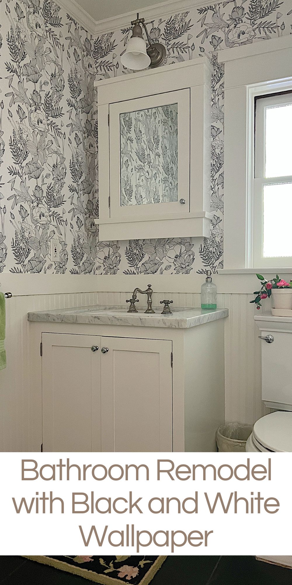 I did a quick remodel blast fall and pulled off a one-day bathroom remodel with black and white wallpaper.