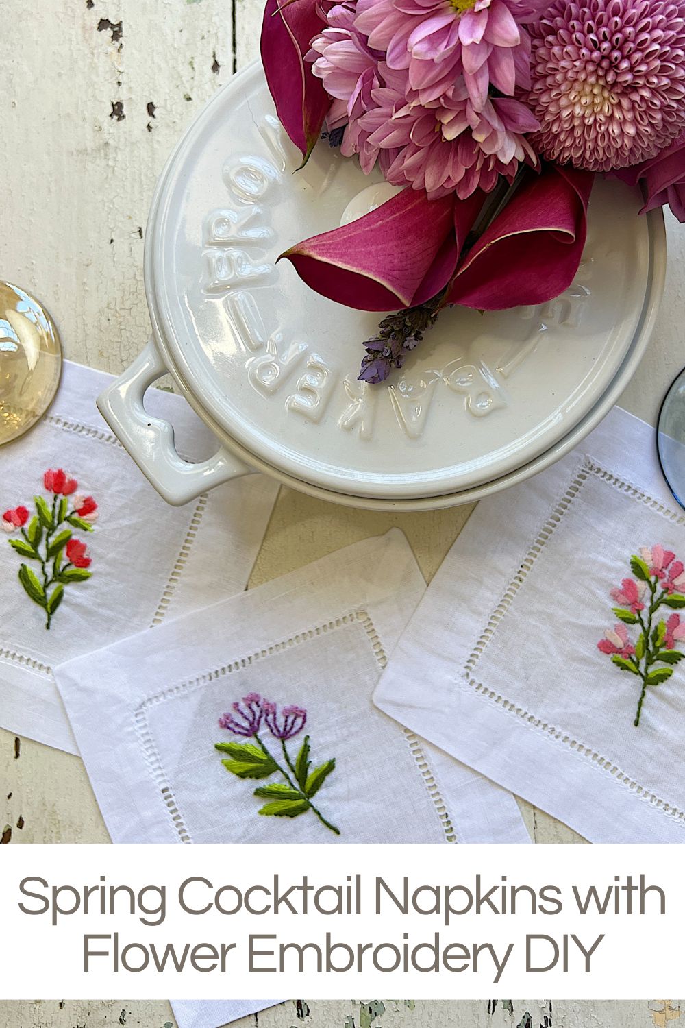I am very excited about these DIY spring cocktail napkins with flower embroidery. They are the perfect budget-friendly spring craft.