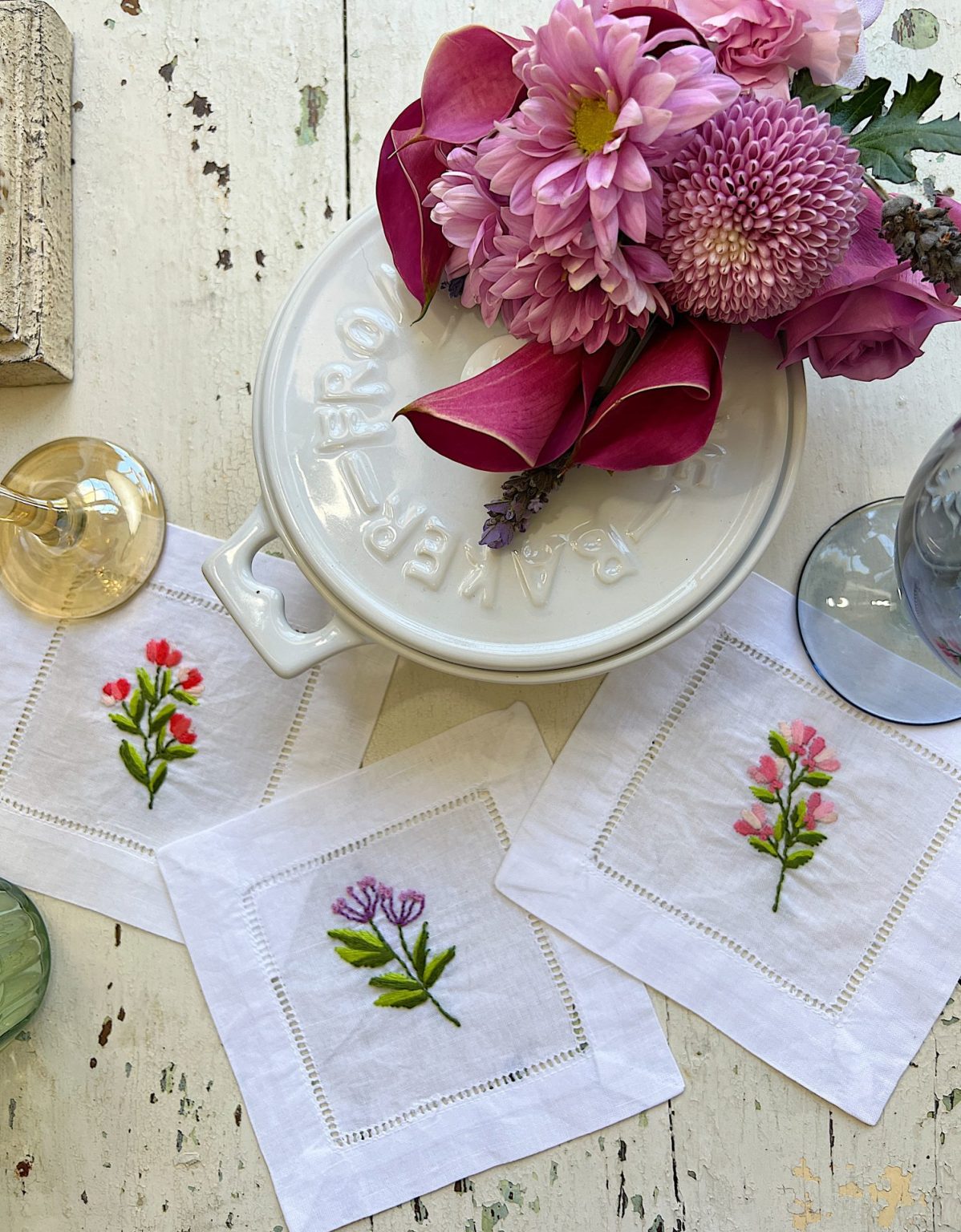 Spring Cocktail Napkins with Flower Embroidery DIY MY 100 YEAR OLD HOME