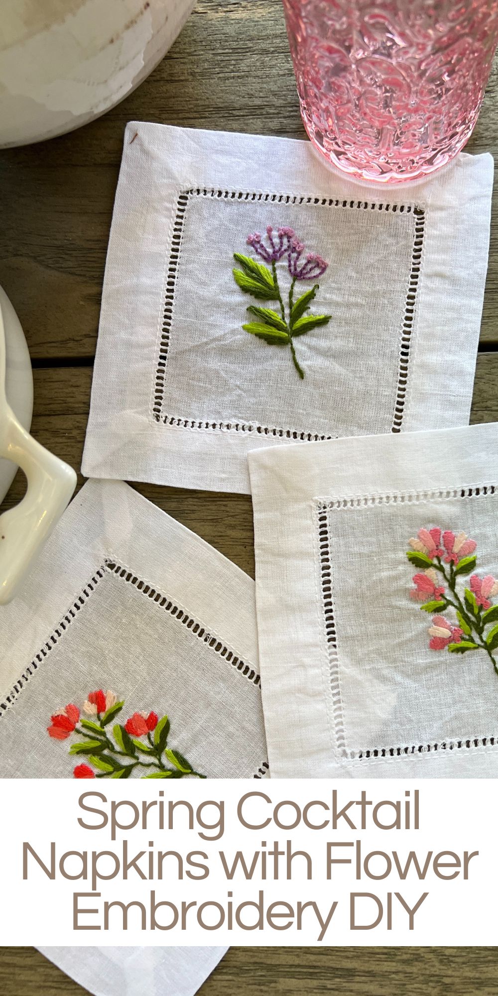 I am very excited about these DIY spring cocktail napkins with flower embroidery. They are the perfect budget-friendly spring craft.