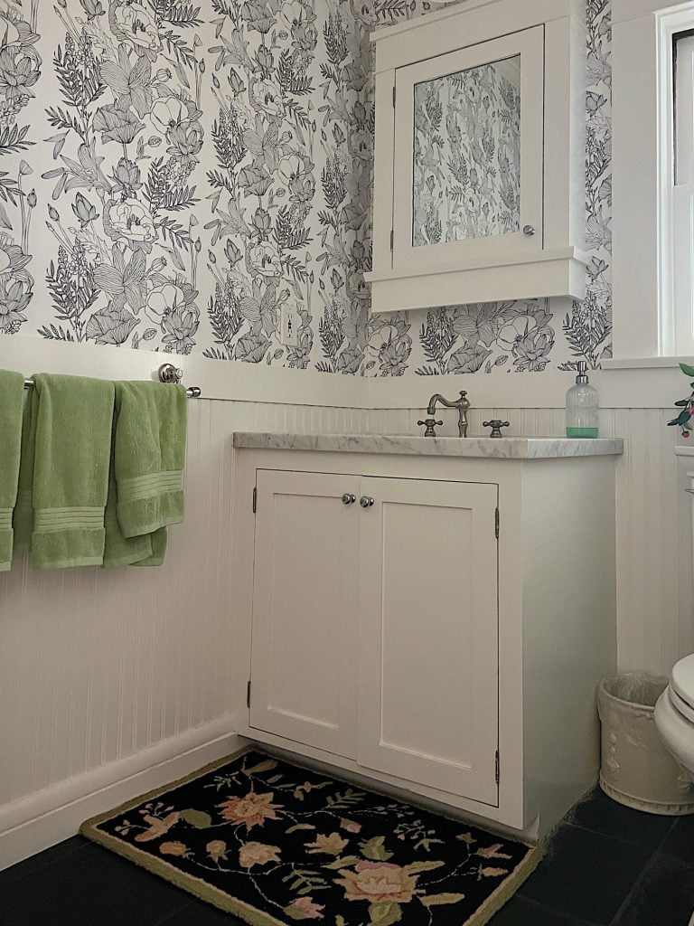 One Day Bathroom Remodel with Black and White Wallpaper