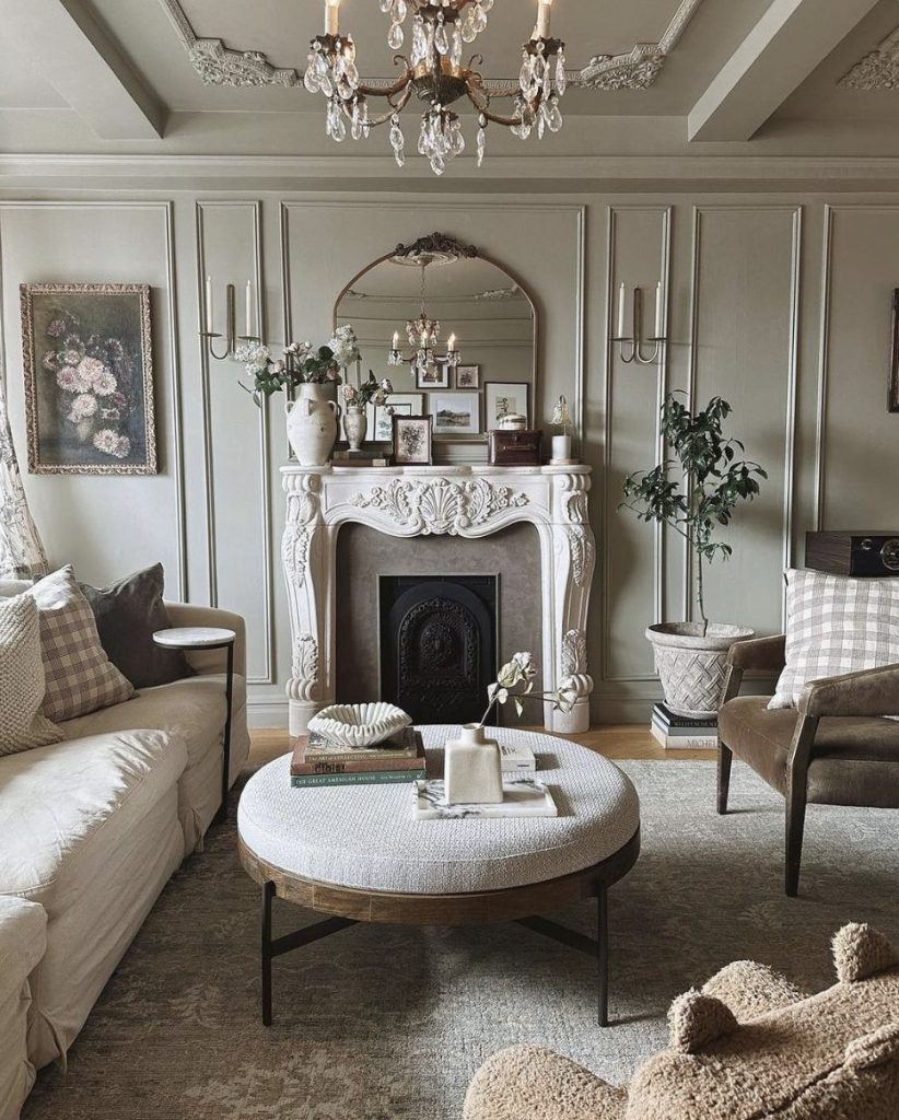 French country living room in shades of white, khaki and cream with an ornately carved marble mantle at the center. Walls and ceiling have trim detail and a chandelier with crystal drops is at the top of the photo.