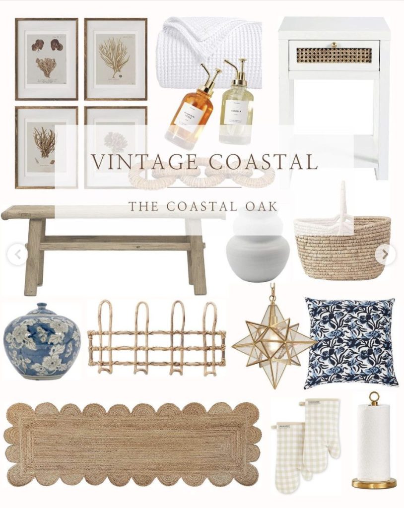 A photo collage of Amazon items in the vintage coastal style, driftwood colored bench, sea grass basket, a gold and glass star pendant light, blue and white pillow and vase, a waffle weave blanket and woven table runner