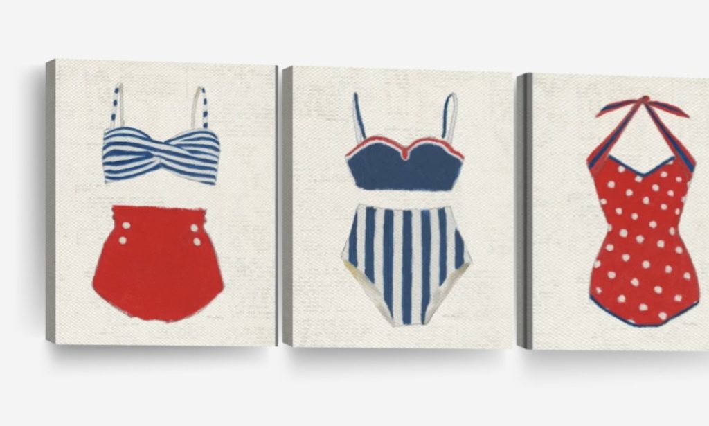 DIY pillow featuring painted and stitched vintage bathing suites in a modern coastal vintage style.