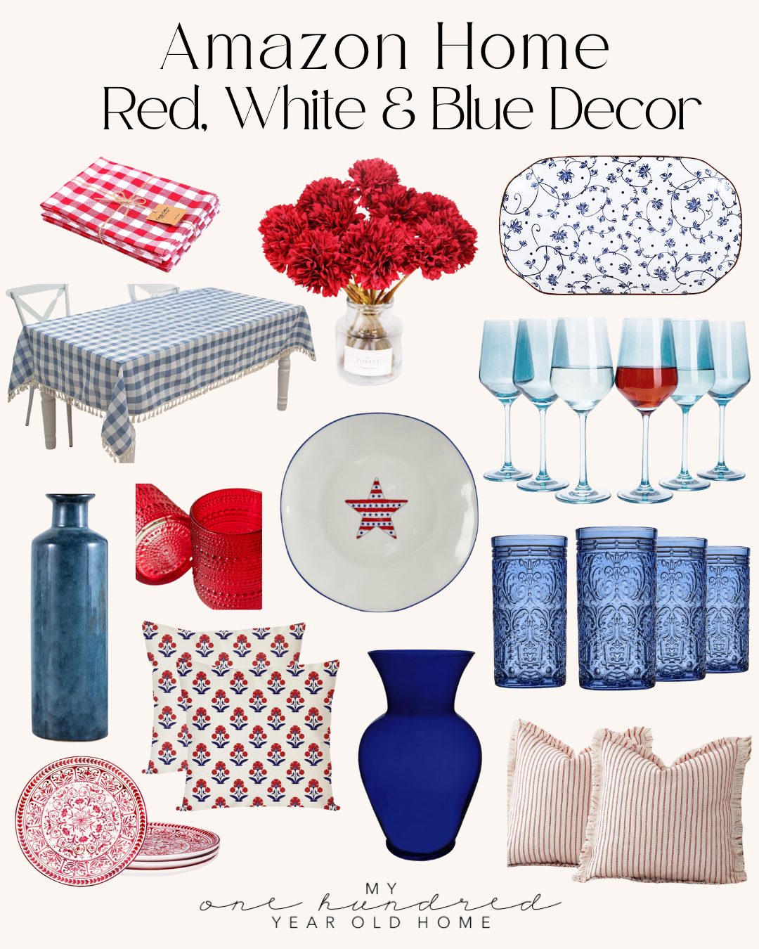 A collage of red, white, and blue home decor items&mdash;including vases, glasses, plates, pillows, flowers, and a checkered tablecloth&mdash;plus a dish of homemade coffee ice cream, all labeled "Amazon Home Red, White & Blue Decor.