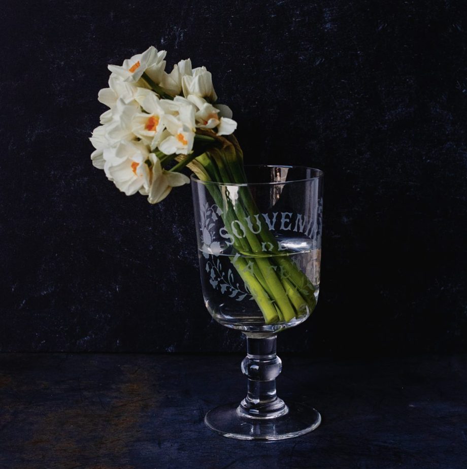 A french drinking glass with etching holds a small bouquet of white daffodils. The background is all black.