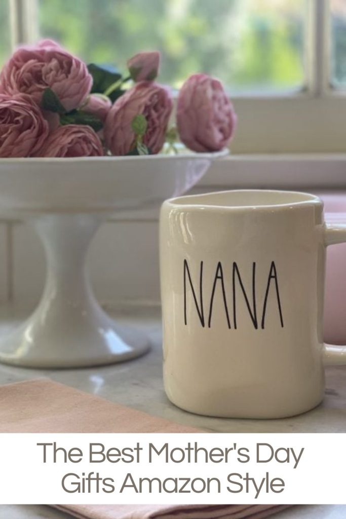 A coffee cup with NANA on the front, a pink napkin, and a compote dish with pink flowers