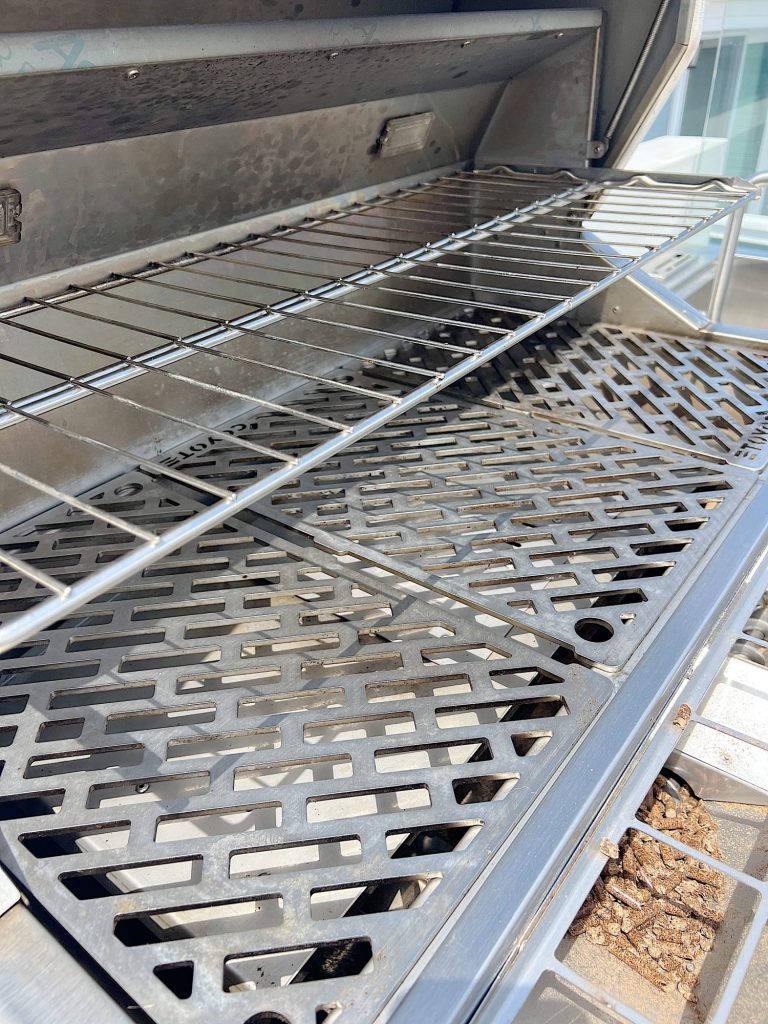 An electric pellet Grill which actually grills, smokes, bakes, and sears that is located on our third floor deck.