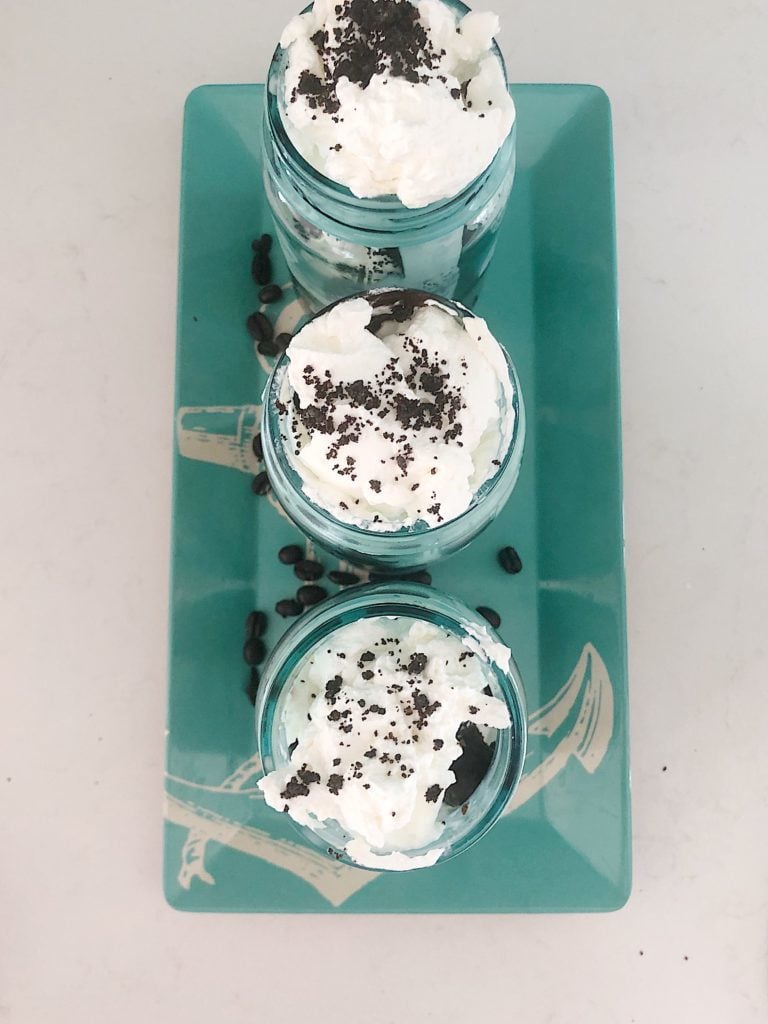 My favorite "mud pie" made with homemade coffee ice cream in a blue ball jar.