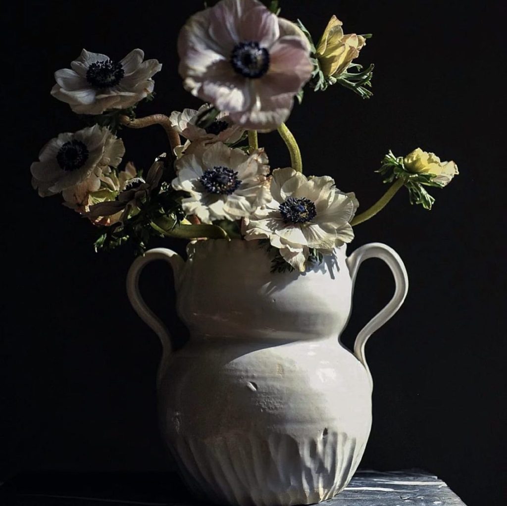 A handmade pottery vase filled with anenomes in blush tones still life with a black background