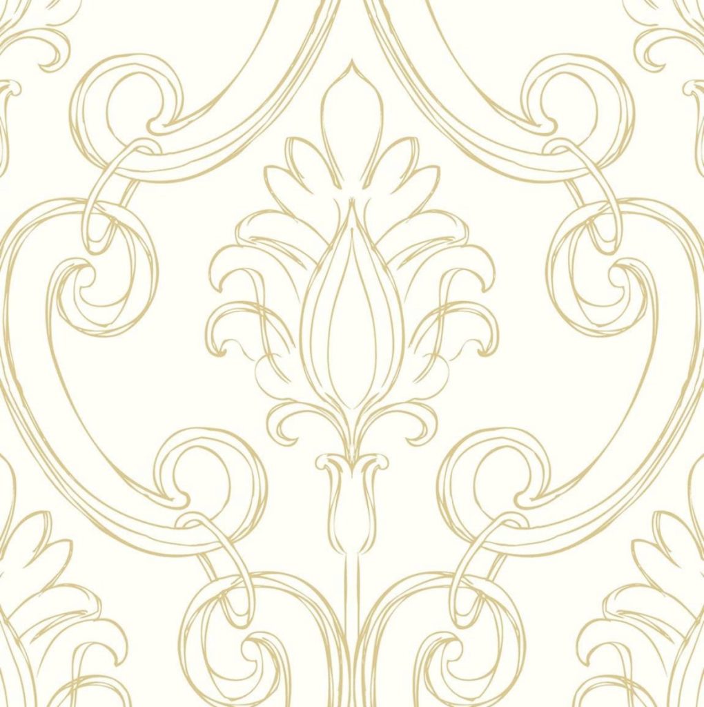 Gold and white wallpaper for our beach house primary bedroom walk-in closet.