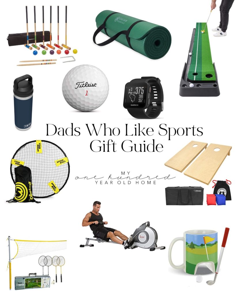 A collage of Father's Day gift items for dads who like sports..