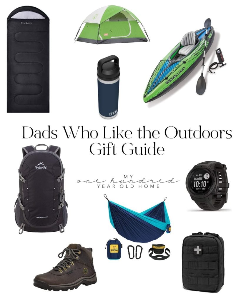 A collage of Father's Day gift items for dads who like the outdoors.