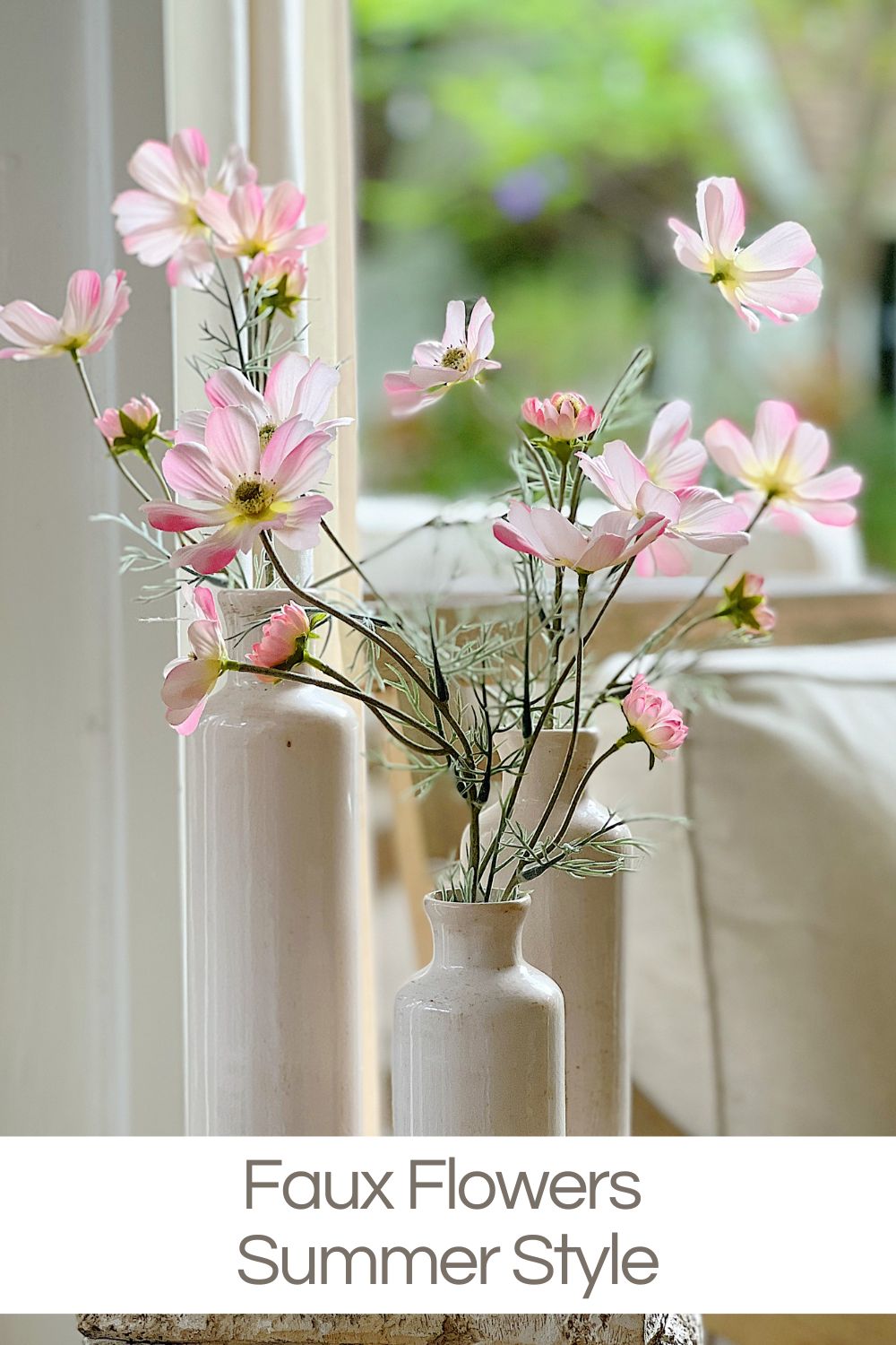Faux flowers are perfect for summertime arrangements when the temperatures are high and fresh flowers wilt quickly. 