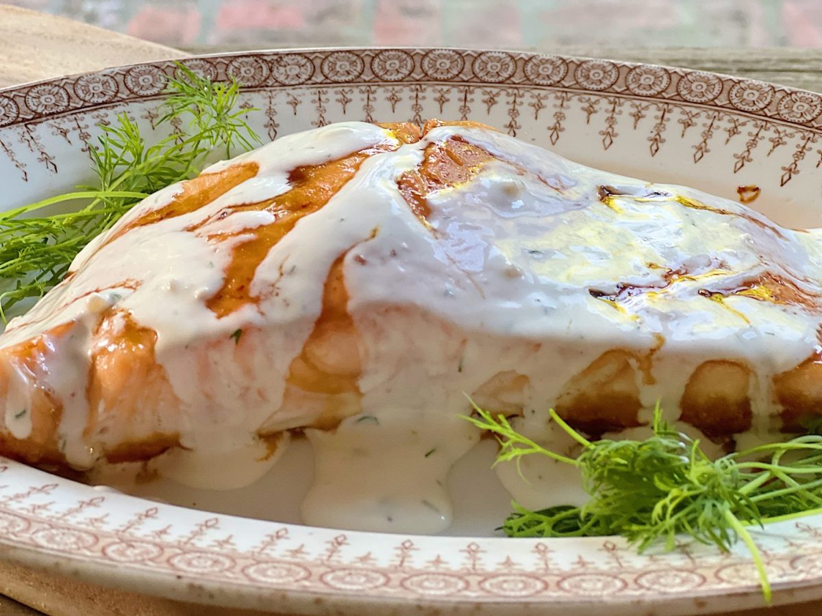 A plate of salmon including pellet grilled honey salmon.