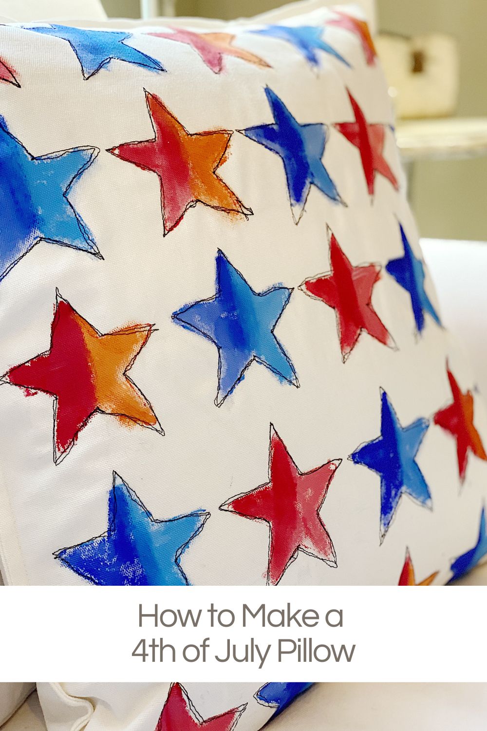 I just love the 4th of July and I needed more patriotic decorations for our home. So I made this pillow with stars and machine embroidery!
