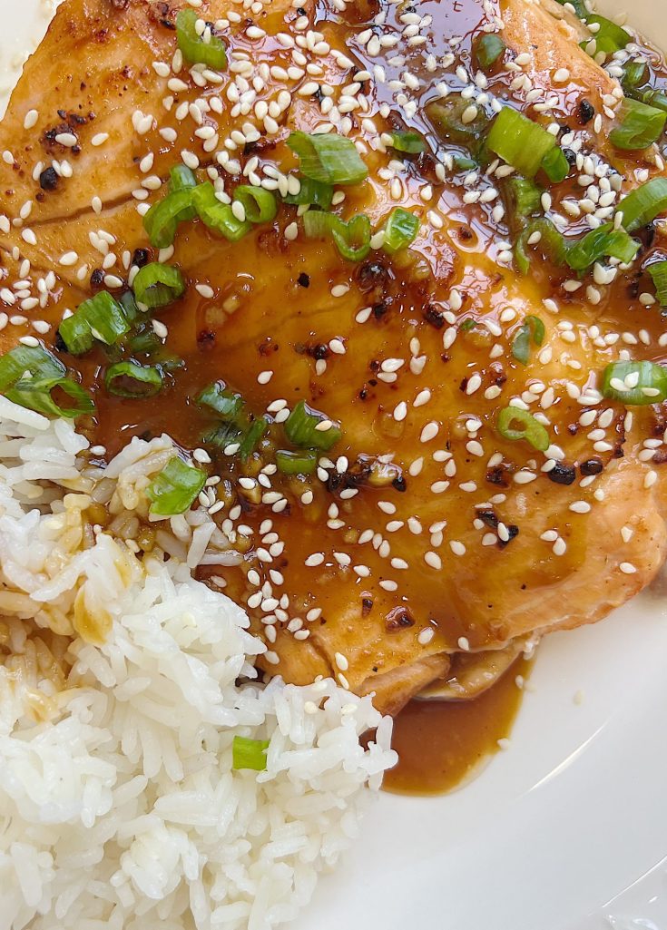 Sweet glazed salmon topped with sesame seeds and green onions and white jasmine rice.