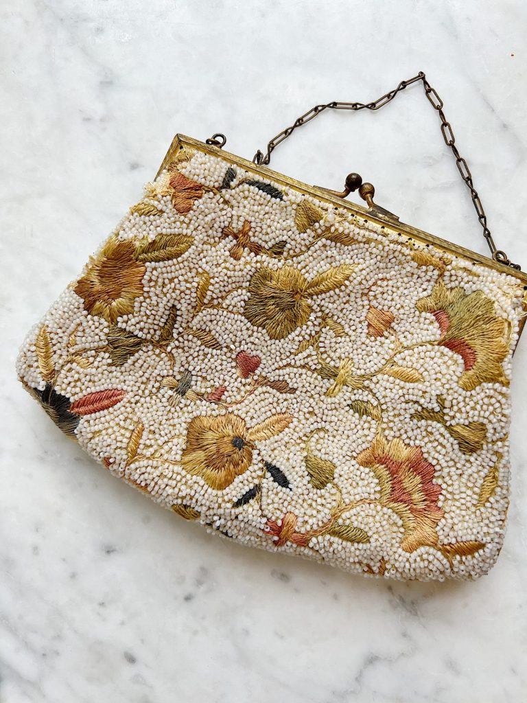 A vintage purse with colors that inspired my family room decor.