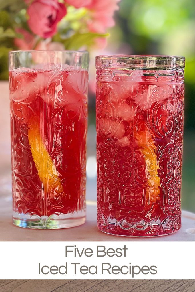 Two glasses of homemade raspberry iced tea.