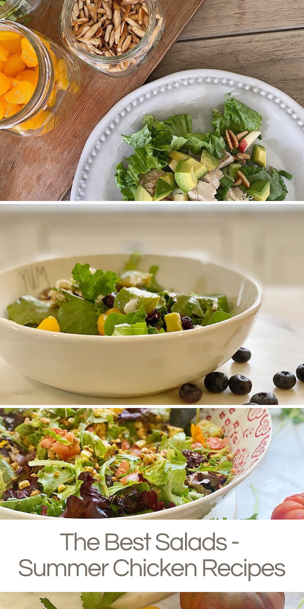 Summer salads are one of my favorite things to eat. Today I am sharing my three favorite salads and they are all summer chicken recipes.