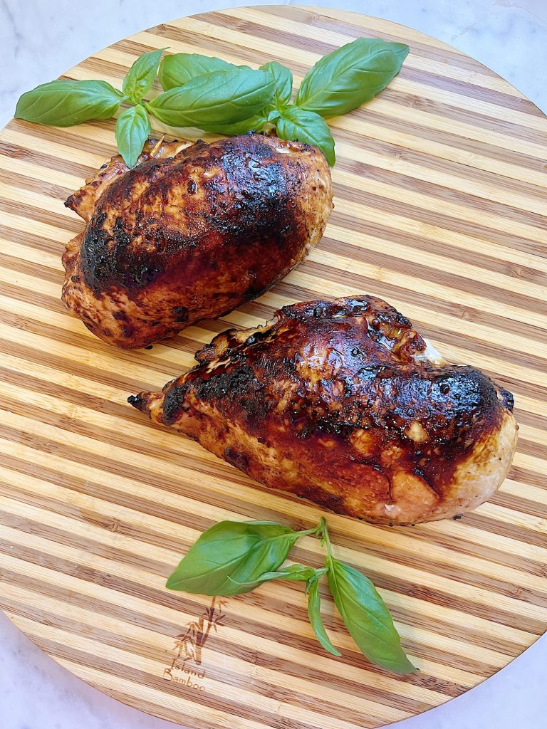 Baked chicken breasts stuffed with peaches and goat cheese with a balsamic glaze.