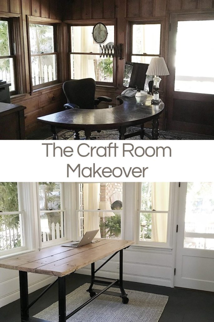 The transformation of a craft room with dark paneling to a bright white room.