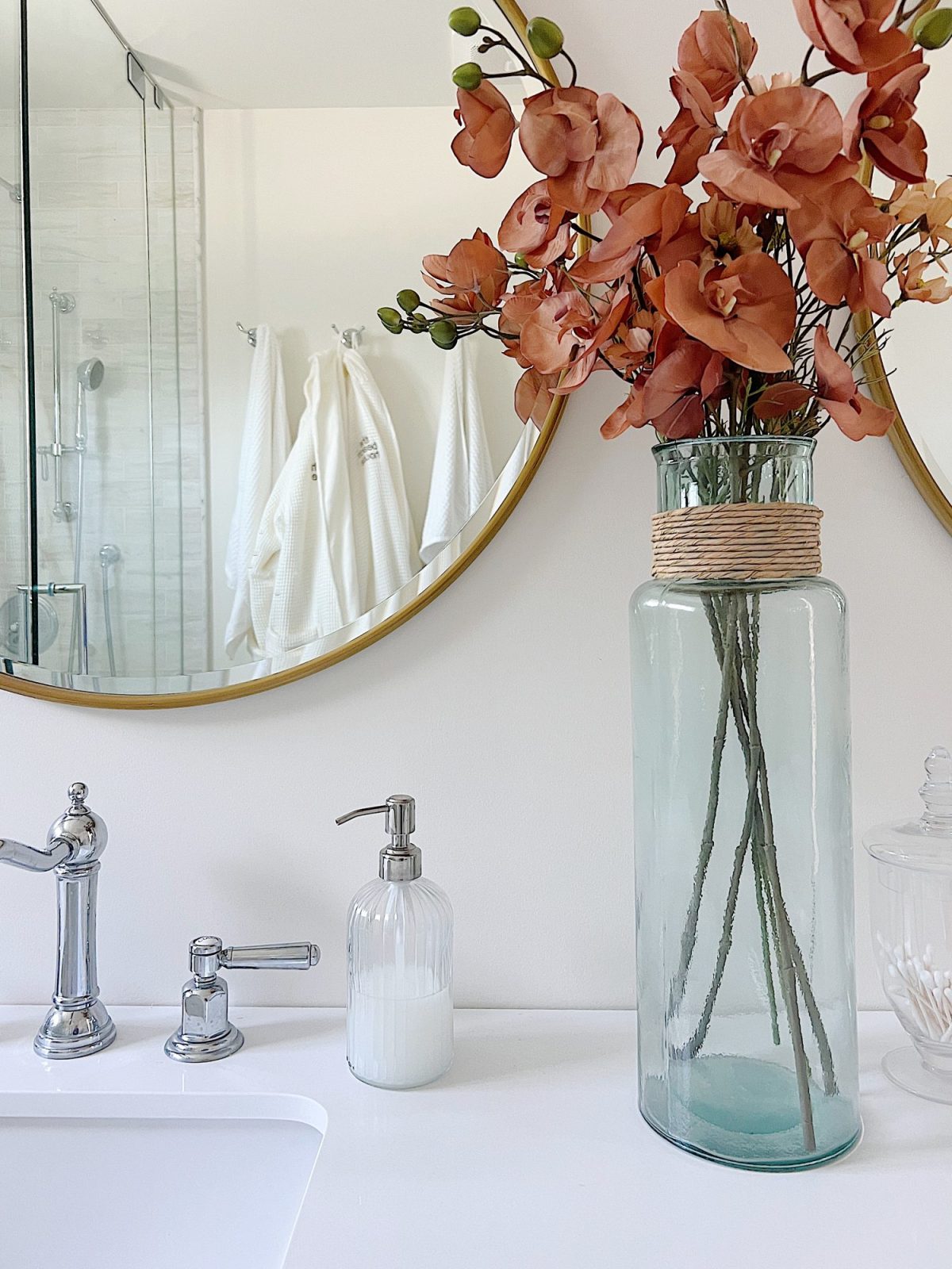 Our primary bathroom with a walk in shower and California faucets and hardware.